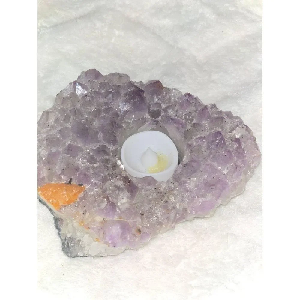 Natural Amethyst Crystal Geode Tea Light Holder LED Flameless Candle Home Decor